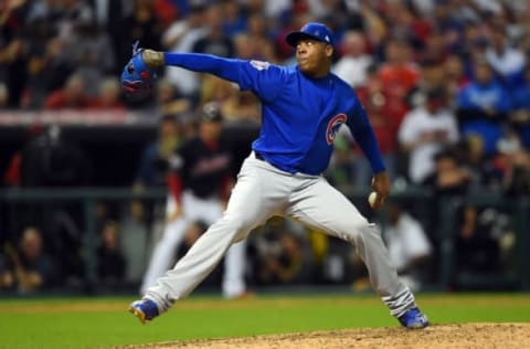 Nov 2, 2016; Cleveland, OH, USA; Chicago Cubs relief pitcher Aroldis Chapman throws a pitch against the Cleveland Indians in the 8th inning in game seven of the 2016 World Series at Progressive Field. Mandatory Credit: Tommy Gilligan-USA TODAY Sports