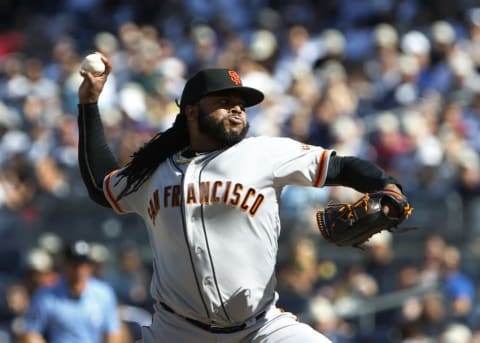 Jul 23, 2016; Bronx, NY, USA; San Francisco Giants starting pitcher Johnny Cueto (47) delivers a pitch against the New York Yankees in the first inning at Yankee Stadium. Mandatory Credit: Noah K. Murray-USA TODAY Sports