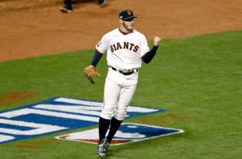 Oct 10, 2016; San Francisco, CA, USA; San Francisco Giants relief pitcher Ty Blach (50) reacts after Chicago Cubs catcher David Ross (not pictured) grounded into a double play to end the thirteenth inning during game three of the 2016 NLDS playoff baseball series at AT&T Park. Mandatory Credit: John Hefti-USA TODAY Sports