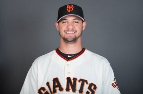 February 28, 2016; Scottsdale, AZ, USA; San Francisco Giants starting pitcher Tyler Beede (63) poses for a picture during photo day at Scottsdale Stadium. Mandatory Credit: Kyle Terada-USA TODAY Sports