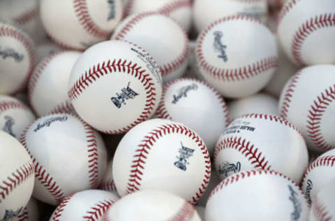 WASHINGTON, DC – JULY 16: A detail view of baseballs to be used during the T-Mobile Home Run Derby at Nationals Park on July 16, 2018 in Washington, DC. (Photo by Patrick Smith/Getty Images)