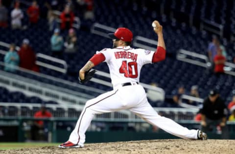 WASHINGTON, DC – JULY 22: Kelvin Herrera #40of the Washington Nationals pitches to an Atlanta Braves batter in the ninth inning at Nationals Park on July 22, 2018 in Washington, DC. (Photo by Rob Carr/Getty Images)