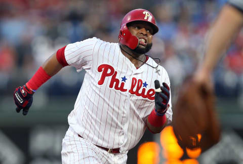 PHILADELPHIA, PA – JULY 22: Carlos Santana #41 of the Philadelphia Phillies advances to third base on a double by Nick Williams against the San Diego Padres in the sixth inning during game two of a doubleheader at Citizens Bank Park on July 22, 2018 in Philadelphia, Pennsylvania. The Phillies defeated the Padres 5-0. (Photo by Rich Schultz/Getty Images)