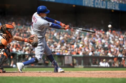 SAN FRANCISCO, CA – SEPTEMBER 01: Wilmer Flores #4 of the New York Mets hits a double off Hunter Strickland #60 of the San Francisco Giants in the 11th inning of their MLB game at AT&T Park on September 1, 2018 in San Francisco, California. (Photo by Robert Reiners/Getty Images)