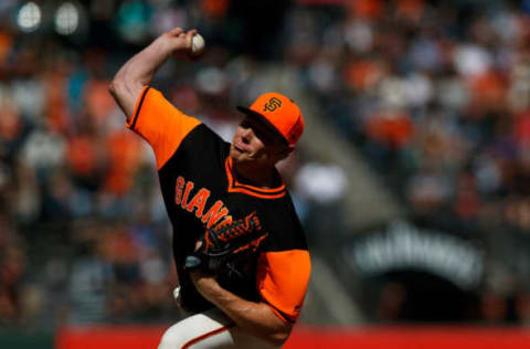 SAN FRANCISCO, CA – AUGUST 26: Mark Melancon #41 of the San Francisco Giants pitches against the Texas Rangers during the ninth inning at AT&T Park on August 26, 2018 in San Francisco, California. The San Francisco Giants defeated the Texas Rangers 3-1. All players across MLB will wear nicknames on their backs as well as colorful, non-traditional uniforms featuring alternate designs inspired by youth-league uniforms during Players Weekend. (Photo by Jason O. Watson/Getty Images)