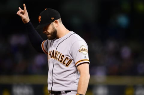 DENVER, CO – SEPTEMBER 5: Evan Longoria #10 of the San Francisco Giants signals two outs in the fifth inning of a baseball game against the Colorado Rockies on September 5, 2018 at Coors Field in Denver, Colorado. (Photo by Julio Aguilar/Getty Images)