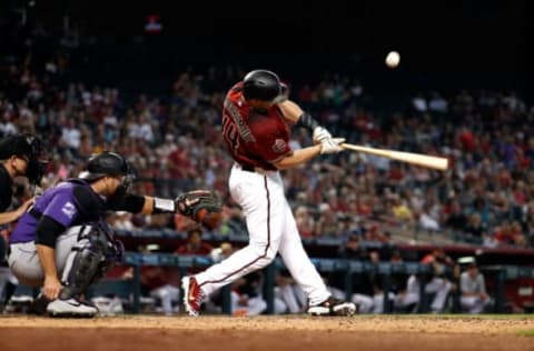 PHOENIX, AZ – SEPTEMBER 23: Paul Goldschmidt #44 of the Arizona Diamondbacks hits a foul ball during the bottom of the eighth inning against the Colorado Rockies at Chase Field on September 23, 2018 in Phoenix, Arizona. (Photo by Chris Coduto/Getty Images)