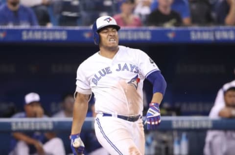 TORONTO, ON – SEPTEMBER 25: Yangervis Solarte #26 of the Toronto Blue Jays reacts as he grounds out in the ninth inning during MLB game action against the Houston Astros at Rogers Centre on September 25, 2018 in Toronto, Canada. (Photo by Tom Szczerbowski/Getty Images)