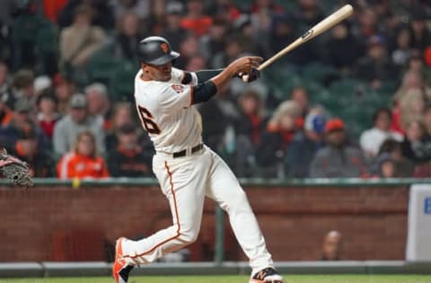 SAN FRANCISCO, CA – SEPTEMBER 26: Abiatal Avelino #46 of the San Francisco Giants hits a single to right field against the San Diego Padres in the bottom of the third inning at AT&T Park on September 26, 2018 in San Francisco, California. The single was Avelino’s first major league hit of his career. (Photo by Thearon W. Henderson/Getty Images)