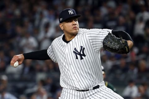 NEW YORK, NEW YORK – OCTOBER 03: Dellin Betances #68 of the New York Yankees pitches in the fifth inning against the Oakland Athletics during the American League Wild Card Game at Yankee Stadium on October 03, 2018 in the Bronx borough of New York City. (Photo by Al Bello/Getty Images)