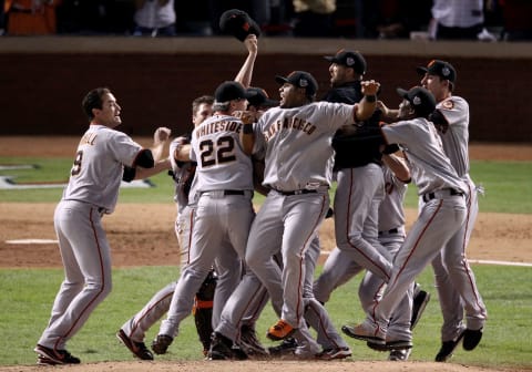 ARLINGTON, TX – NOVEMBER 01: Pablo Sandoval #48 of the San Francisco Giants and teammates celebrate defeating the Texas Rangers 3-1 to win the 2010 MLB World Series at Rangers Ballpark in Arlington on November 1, 2010 in Arlington, Texas. (Photo by Christian Petersen/Getty Images)