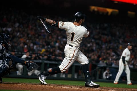 SAN FRANCISCO, CA – APRIL 08: Kevin Pillar #1 of the San Francisco Giants hits a grand slam home run against the San Diego Padres during the fourth inning at Oracle Park on April 8, 2019 in San Francisco, California. The San Diego Padres defeated the San Francisco Giants 6-5. (Photo by Jason O. Watson/Getty Images)