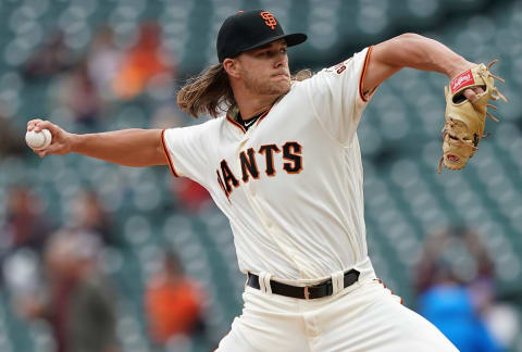 SAN FRANCISCO, CA – MAY 15: Shaun Anderson #64 of the San Francisco Giants making his Major League debut pitches against the Toronto Blue Jays in the top of the first inning at Oracle Park on May 15, 2019 in San Francisco, California. (Photo by Thearon W. Henderson/Getty Images)