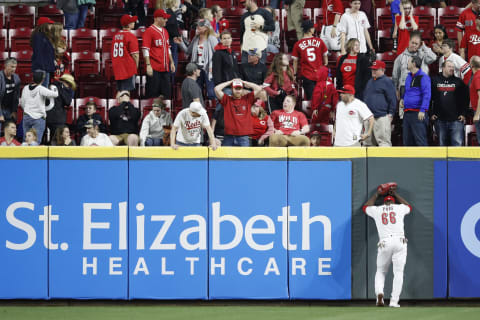 CINCINNATI, OH – MAY 03: Yasiel Puig #66 of the Cincinnati Reds reacts after a solo home run by Stephen Vogt #21 of the San Francisco Giants to tie the game in the ninth inning at Great American Ball Park on May 3, 2019 in Cincinnati, Ohio. The Giants won 12-11 in 11 innings. (Photo by Joe Robbins/Getty Images)