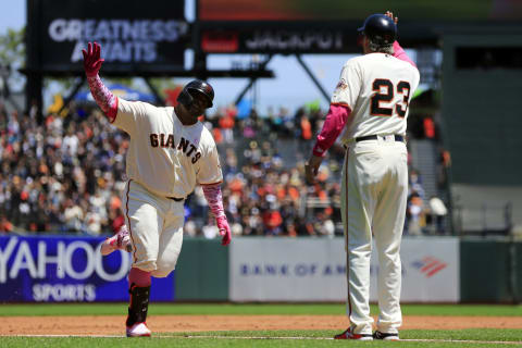 SAN FRANCISCO, CALIFORNIA – MAY 12: Pablo Sandoval #48 of the San Francisco Giants celebrates a two-run home run during the first inning against the Cincinnati Reds at Oracle Park on May 12, 2019 in San Francisco, California. (Photo by Daniel Shirey/Getty Images)