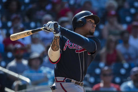 WASHINGTON, DC – JUNE 23: Johan Camargo #17 of the Atlanta Braves hits a two-run home run against the Washington Nationals during the tenth inning at Nationals Park on June 23, 2019 in Washington, DC. (Photo by Scott Taetsch/Getty Images)