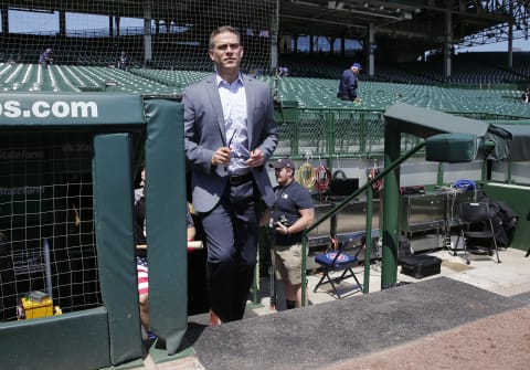 CHICAGO, ILLINOIS – JUNE 07: Chicago Cubs President Theo Epstein attends a an introductory press conference for Craig Kimbrel at Wrigley Field on June 07, 2019 in Chicago, Illinois. (Photo by Nuccio DiNuzzo/Getty Images)