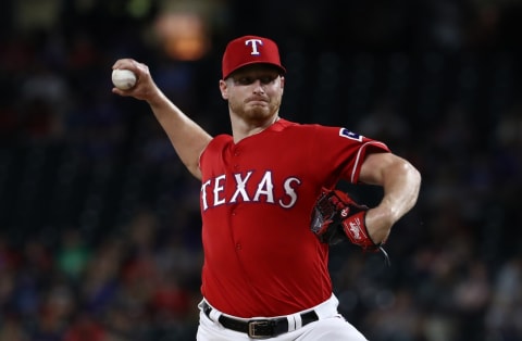 ARLINGTON, TEXAS – JUNE 19: Shelby Miller #19 of the Texas Rangers throws against the Cleveland Indians in the eighth inning at Globe Life Park in Arlington on June 19, 2019 in Arlington, Texas. (Photo by Ronald Martinez/Getty Images)