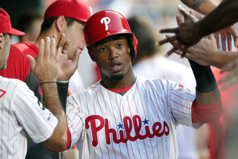 PHILADELPHIA, PA – AUGUST 17: Jean Segura #2 of the Philadelphia Phillies celebrates with his teammates in the dugout after scoring a run in the second inning during a game against the San Diego Padres at Citizens Bank Park on August 17, 2019 in Philadelphia, Pennsylvania. (Photo by Hunter Martin/Getty Images)