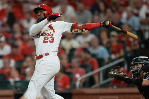 ST. LOUIS, MO – AUGUST 22: Marcell Ozuna #23 of the St. Louis Cardinals hits a two-run home run in the fourth inning against the Colorado Rockies at Busch Stadium on August 22, 2019 in St. Louis, Missouri. (Photo by Michael B. Thomas/Getty Images)