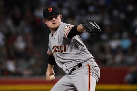 PHOENIX, ARIZONA – AUGUST 17: Logan Webb #62 of the San Francisco Giants delivers a first inning pitch against the Arizona Diamondbacks at Chase Field on August 17, 2019 in Phoenix, Arizona. Webb is playing in his first MLB game. (Photo by Norm Hall/Getty Images)