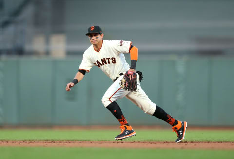 SAN FRANCISCO, CALIFORNIA – AUGUST 29: Mauricio Dubon #19 of the San Francisco Giants plays second base during their game against the San Diego Padres at Oracle Park on August 29, 2019 in San Francisco, California. (Photo by Ezra Shaw/Getty Images)