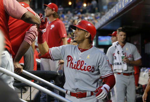 NEW YORK, NEW YORK – SEPTEMBER 07: Cesar Hernandez #16 of the Philadelphia Phillies celebrates his first inning home run against the New York Mets with his teammates in the dugout at Citi Field on September 07, 2019 in New York City. (Photo by Jim McIsaac/Getty Images)