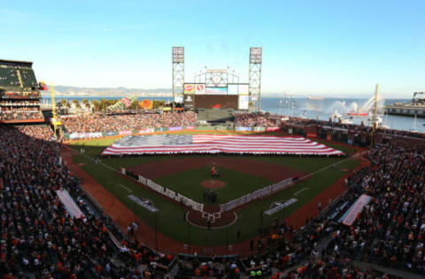 SAN FRANCISCO, CA – OCTOBER 14: An American flag is presented during pre-game ceremonies for Game One of the National League Championship Series between the San Francisco Giants and the St. Louis Cardinals at AT&T Park on October 14, 2012 in San Francisco, California. (Photo by Christian Petersen/Getty Images)