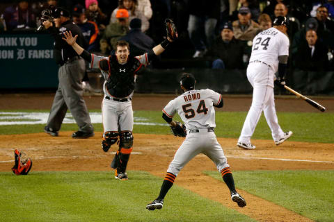 DETROIT, MI – OCTOBER 28: Sergio Romo #54 of the San Francisco Giants celebrates with Buster Posey #28 after striking out Miguel Cabrera #24 of the Detroit Tigers in the tenth inning to win Game Four of the Major League Baseball World Series at Comerica Park on October 28, 2012 in Detroit, Michigan. The San Francisco Giants defeated the Detroit Tigers 4-3 in the tenth inning to win the World Series in 4 straight games. (Photo by Leon Halip/Getty Images)