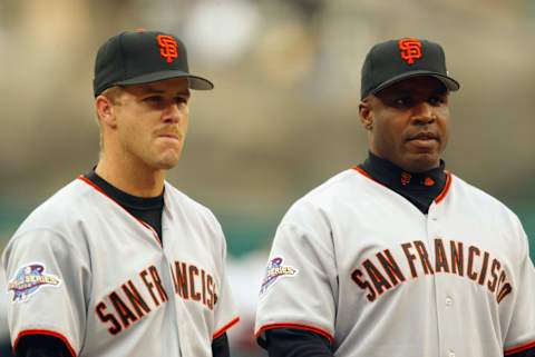 Former SF Giants stars Jeff Kent and Barry Bonds both won National League Most Valuable Player awards with the team in the early 2000s. (Photo by Donald Miralle/Getty Images)