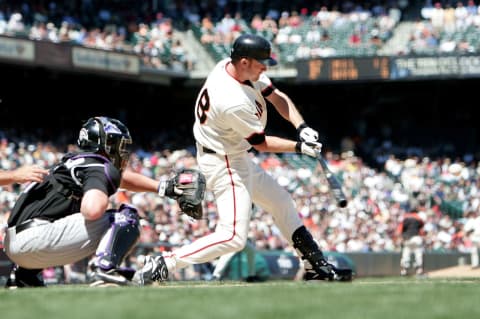 SAN FRANCISCO – AUGUST 4: Lance Niekro #28 of the SF Giants hits the game-winning two-run double in the 8th inning against the Colorado Rockies on August 4, 2005 at SBC Park in San Francisco, California. Niekro was the coach of recent Giants draft pick Vaun Brown. (Photo by Jed Jacobsohn/Getty Images)