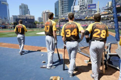 SAN DIEGO, CA – JULY 12: Kris Bryant #17 of the Chicago Cubs, Bryce Harper #34 of the Washington Nationals and Buster Posey #28 of the San Francisco Giants warm up prior to the 87th Annual MLB All-Star Game at PETCO Park on July 12, 2016 in San Diego, California. (Photo by Denis Poroy/Getty Images)