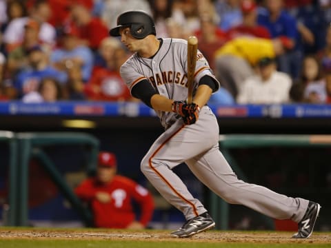 PHILADELPHIA, PA – JUNE 02: Austin Slater #53 of the San Francisco Giants singles in a run during the sixth inning against the Philadelphia Phillies during a game at Citizens Bank Park on June 2, 2017 in Philadelphia, Pennsylvania. It was Slater’s first Major League hit and RBI. (Photo by Rich Schultz/Getty Images)