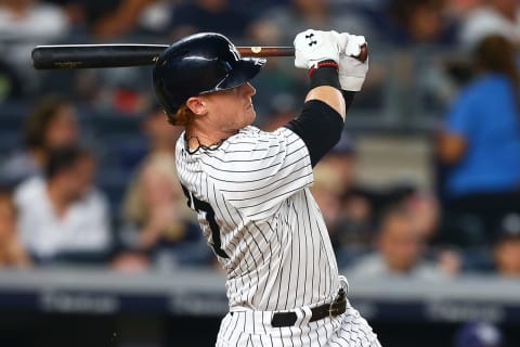 NEW YORK, NY – JULY 28: Clint Frazier #77 of the New York Yankees connects on a 3-run home run in the fifth inning against the Tampa Bay Rays at Yankee Stadium on July 28, 2017 in the Bronx borough of New York City. (Photo by Mike Stobe/Getty Images)