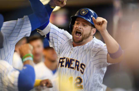 MILWAUKEE, WI – SEPTEMBER 22: Stephen Vogt #12 of the Milwaukee Brewers celebrates a solo home run during the second inning of a game against the Chicago Cubs at Miller Park on September 22, 2017 in Milwaukee, Wisconsin. (Photo by Stacy Revere/Getty Images)