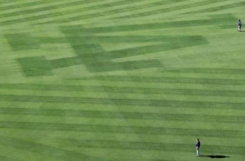 LOS ANGELES, CA – OCTOBER 25: A detailed view of the Los Angeles Dodgers logo in the outfield prior to game two of the 2017 World Series between the Houston Astros and the Los Angeles Dodgers at Dodger Stadium on October 25, 2017 in Los Angeles, California. (Photo by Sean M. Haffey/Getty Images)