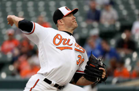 BALTIMORE, MD – MAY 10: Starting pitcher Chris Tillman #30 of the Baltimore Orioles throws to a Kansas City Royals batter in the first inning at Oriole Park at Camden Yards on May 10, 2018 in Baltimore, Maryland. (Photo by Rob Carr/Getty Images)