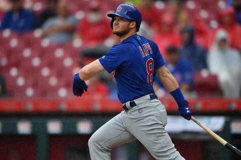 CINCINNATI, OH – MAY 19: Ian Happ #8 of the Chicago Cubs hits a double in the second inning against the Cincinnati Reds at Great American Ball Park on May 19, 2018 in Cincinnati, Ohio. (Photo by Jamie Sabau/Getty Images)