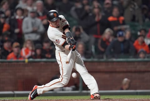 SAN FRANCISCO, CA – SEPTEMBER 26: Kelby Tomlinson #37 of the SF Giants bats against the San Diego Padres in the bottom of the seventh inning at AT&T Park on September 26, 2018 in San Francisco, California. (Photo by Thearon W. Henderson/Getty Images)