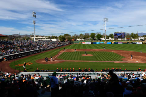 SF Giants prospect Kyle Harrison is posting some surprising radar gun readings in Arizona. (Photo by Jennifer Stewart/Getty Images)