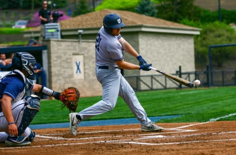 Harrison Freed #21 of Butler University makes contact with the ball during the second inning of their game with Xavier University at Hayden Field on April 18, 2019. The SF Giants drafted him in 2019. (Photo by Jason Whitman/Getty Images)