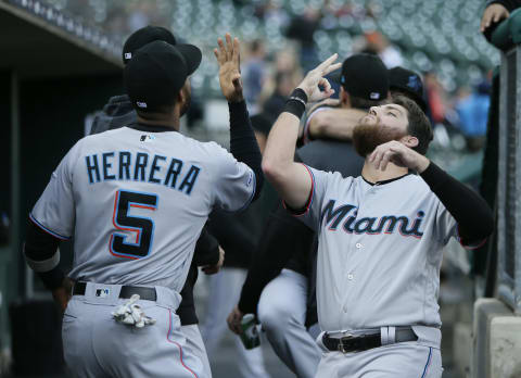 Rosell Herrera #5 of the Miami Marlins and Austin Dean #44 of the Miami Marlins before a game against the Detroit Tigers at Comerica Park on May 22, 2019 in Detroit, Michigan. (Photo by Duane Burleson/Getty Images)