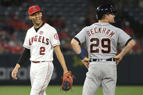 ANAHEIM, CA – JULY 30: Andrelton Simmons #2 of the Los Angeles Angels of Anaheim and Gordon Beckham #29 of the Detroit Tigers have a conversation at second base at Angel Stadium of Anaheim on July 30, 2019 in Anaheim, California. Angels won 6-1. (Photo by John McCoy/Getty Images)