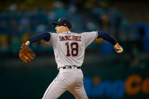 OAKLAND, CA – AUGUST 15: Aaron Sanchez #18 of the Houston Astros pitches during the game against the Oakland Athletics at the Oakland-Alameda County Coliseum on August 15, 2019, in Oakland, California. The Athletics defeated the Astros 7-6. Sanchez signed with the SF Giants this offseason. (Photo by Michael Zagaris/Oakland Athletics/Getty Images)