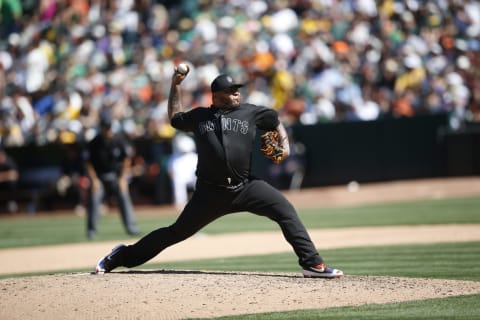 Reyes Moronta #54 of the SF Giants pitches during the game against the Oakland Athletics at the Oakland-Alameda County Coliseum on August 25, 2019. (Photo by Michael Zagaris/Oakland Athletics/Getty Images)