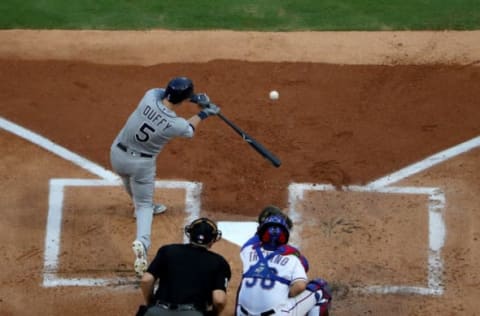 ARLINGTON, TEXAS – SEPTEMBER 11: Matt Duffy #5 of the Tampa Bay Rays at-bat against the Texas Rangers in the top of the first inning at Globe Life Park in Arlington on September 11, 2019 in Arlington, Texas. (Photo by Tom Pennington/Getty Images)