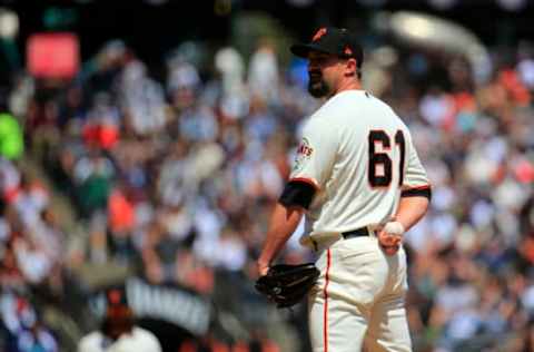 SAN FRANCISCO, CALIFORNIA – APRIL 28: Nick Vincent #61 of the San Francisco Giants pitches against the New York Yankees at Oracle Park on April 28, 2019 in San Francisco, California. (Photo by Daniel Shirey/Getty Images)