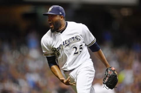 MILWAUKEE, WISCONSIN – SEPTEMBER 18: Jay Jackson #25 of the Milwaukee Brewers reacts to an out during the seventh inning against the San Diego Padres at Miller Park on September 18, 2019 in Milwaukee, Wisconsin. (Photo by Stacy Revere/Getty Images)