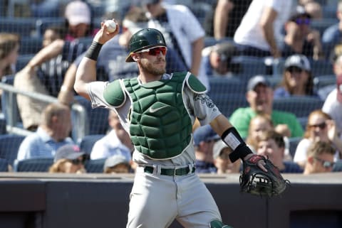 NEW YORK, NEW YORK – AUGUST 31: Chris Herrmann #5 of the Oakland Athletics in action against the New York Yankees at Yankee Stadium on August 31, 2019 in New York City. The Yankees defeated the A’s 4-3 in eleven innings. (Photo by Jim McIsaac/Getty Images)