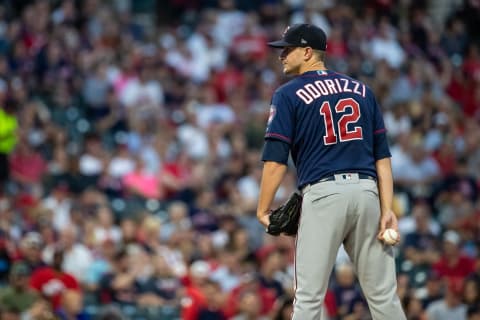 Jake Odorizzi #12 of the Minnesota Twins looks on against Cleveland on September 13, 2019 at Progressive Field. (Photo by Brace Hemmelgarn/Minnesota Twins/Getty Images)